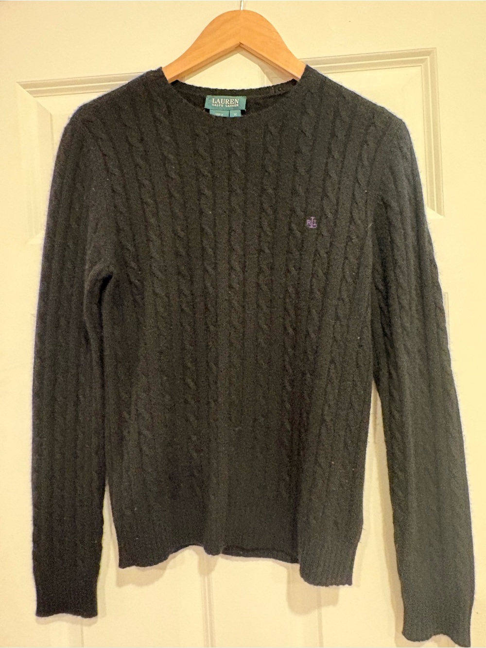 Lauren Ralph womens Black Cable Knit Crewneck Sweater